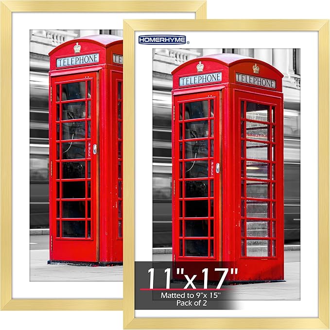 11x17 Picture Frame, Vertical or Horizontal Wall Hanging Frame for Photos, Posters & Art Prints, Display Pictures 9x15 with Mat or 11 x 17 Without, Gold Frame with Clear Plexiglass, 2 Pack