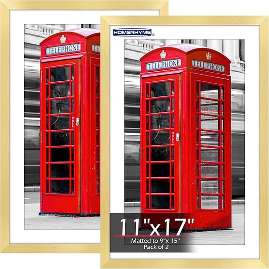 11x17 Picture Frame, Vertical or Horizontal Wall Hanging Frame for Photos, Posters & Art Prints, Display Pictures 9x15 with Mat or 11 x 17 Without, Gold Frame with Clear Plexiglass, 2 Pack