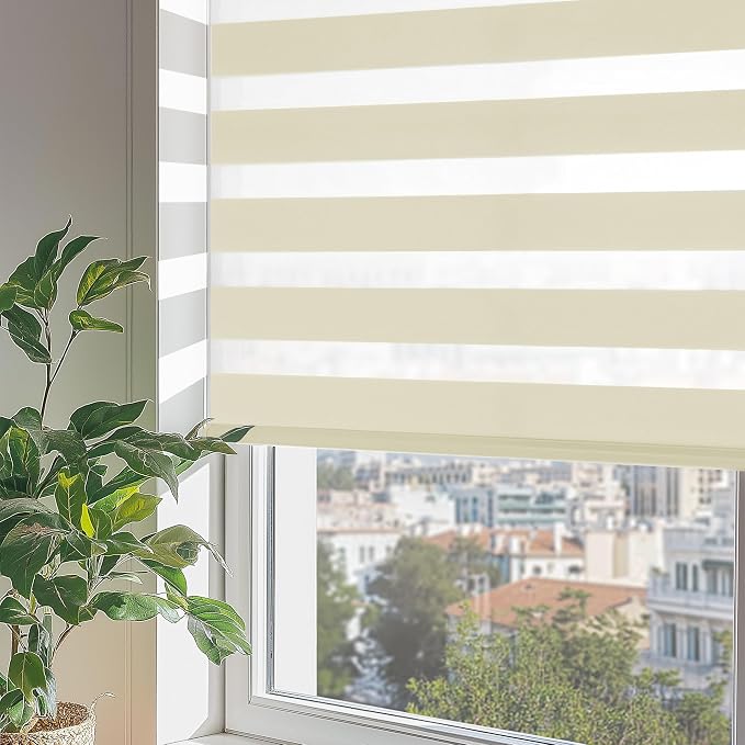 ChrisDowa Cordless Zebra Blinds for Windows, Dual Layer Free-Stop Light Filtering Window Roller Shades, Pull Down Privacy Zebra Shades for Home, Office, Bedroom, Door (25" W x 72" H, Beige)