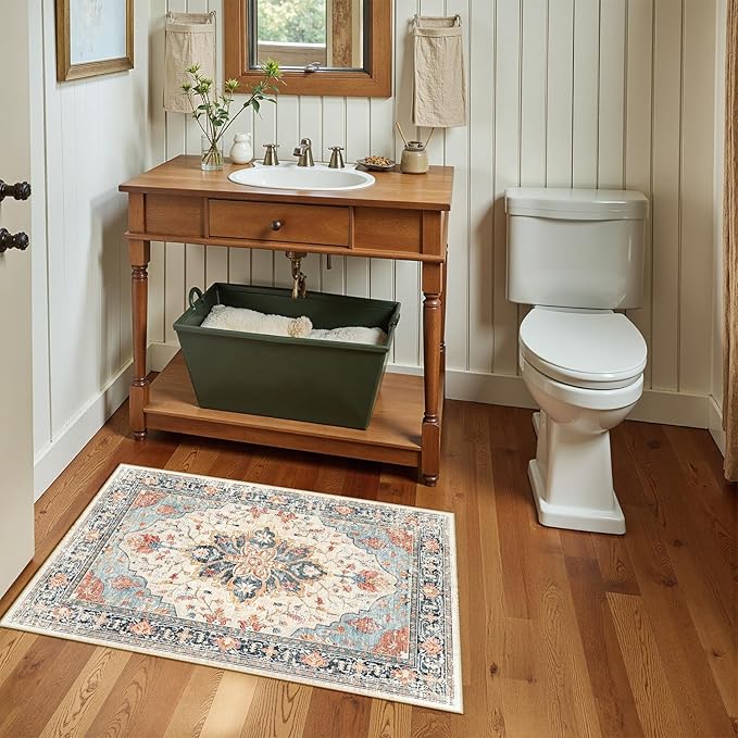 RELEANY Area Rugs 2'x4' Kitchen Rugs Entry Rug Small Rugs for Entryway Kitchen Bathroom Door Mat Indoor Entrance,Washable Non Slip, Beige Navy Blue Orange Colorful