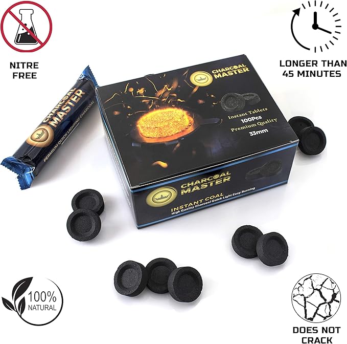 Quick Light Charcoal Tablets for Incense – 33mm Capsules – Charcoal Disk Lights – Instant Fire Coal Tablets – Set of 100 Charcoal Disks per Box