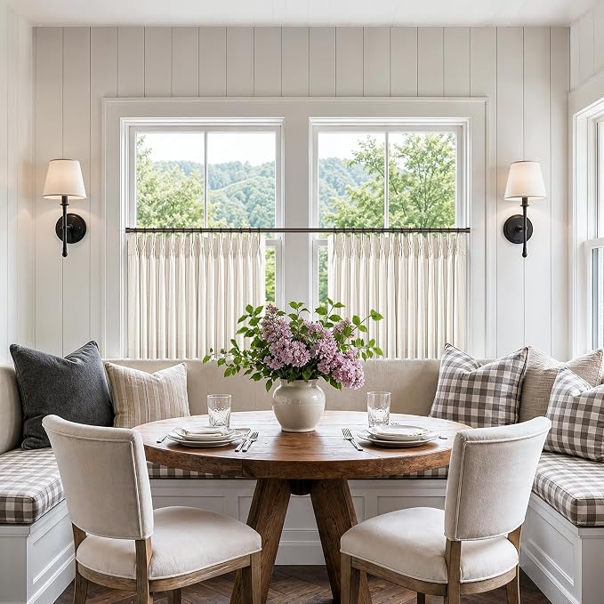 24 Inch Natural Pleated Linen Curtains for Kitchen 2 Panels Light Filtering Farmhouse Neutral Linen Textured Cafe Curtain with Hooks Rings Back Tab Memory Trained Short Drapes for Dining Room