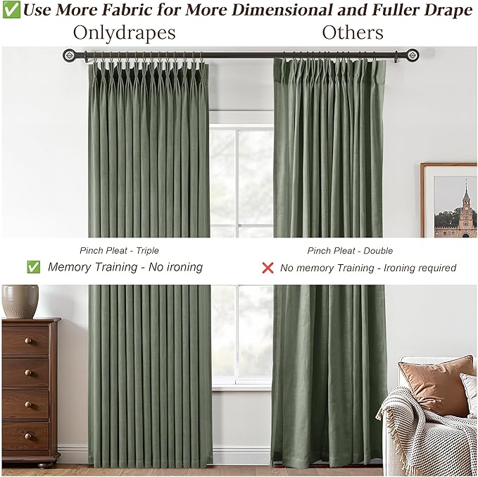 Sage Green Pleated Linen Curtains 102 Inch Length 2 Panels Set Semi Sheer Light Filtering Privacy Window Drapes for Living Room Modern Viral Pinch Pleated Curtains 102 Inches with Hooks Rings Clips