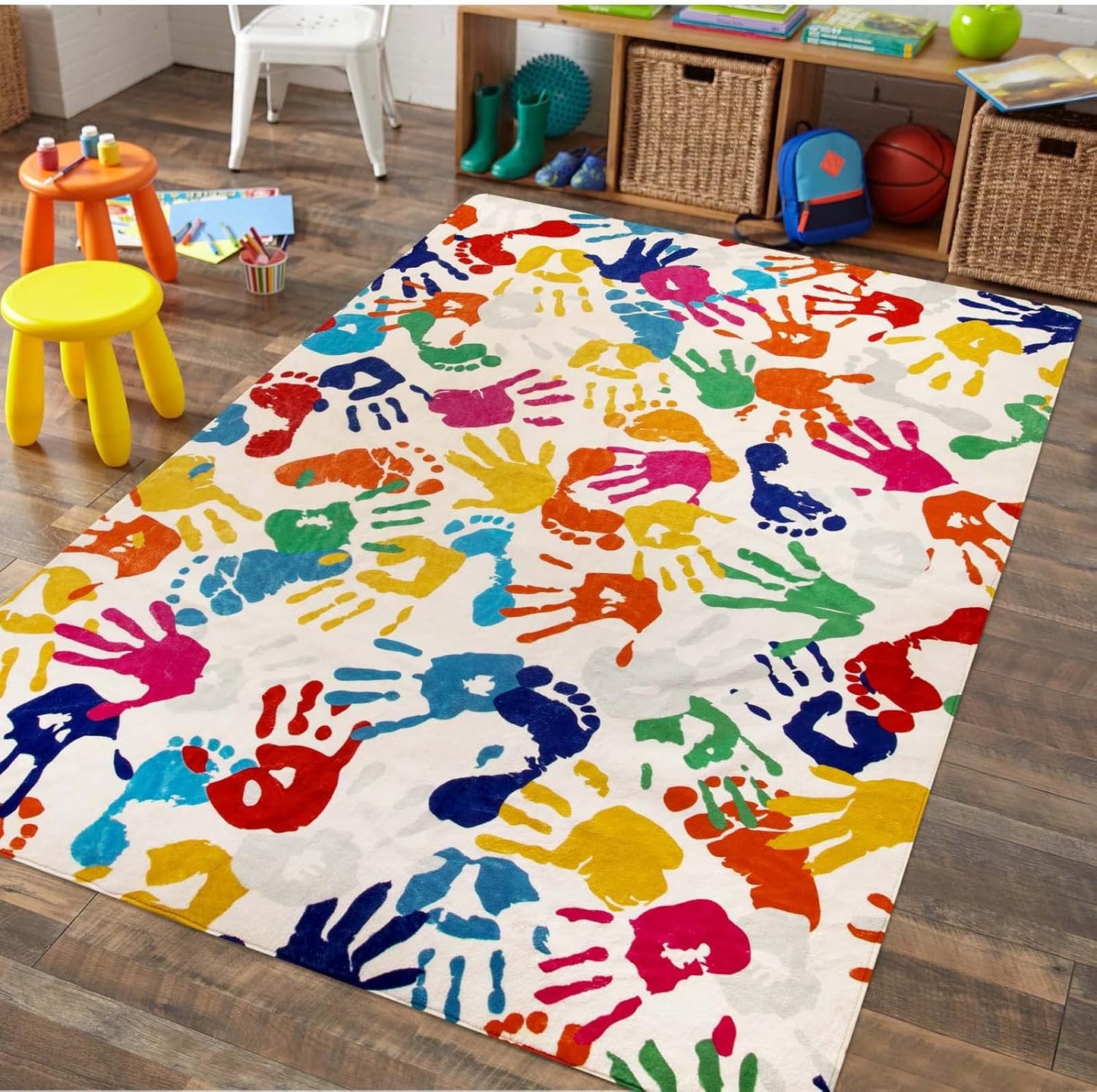 STARUIA Handprints and Footprints Large Kids Rug 5'x7', Washable Colorful Area Rug for Nursery Room, Non-Slip Play Mat Ultra Soft Indoor Carpet for Bedroom Playroom Classroom