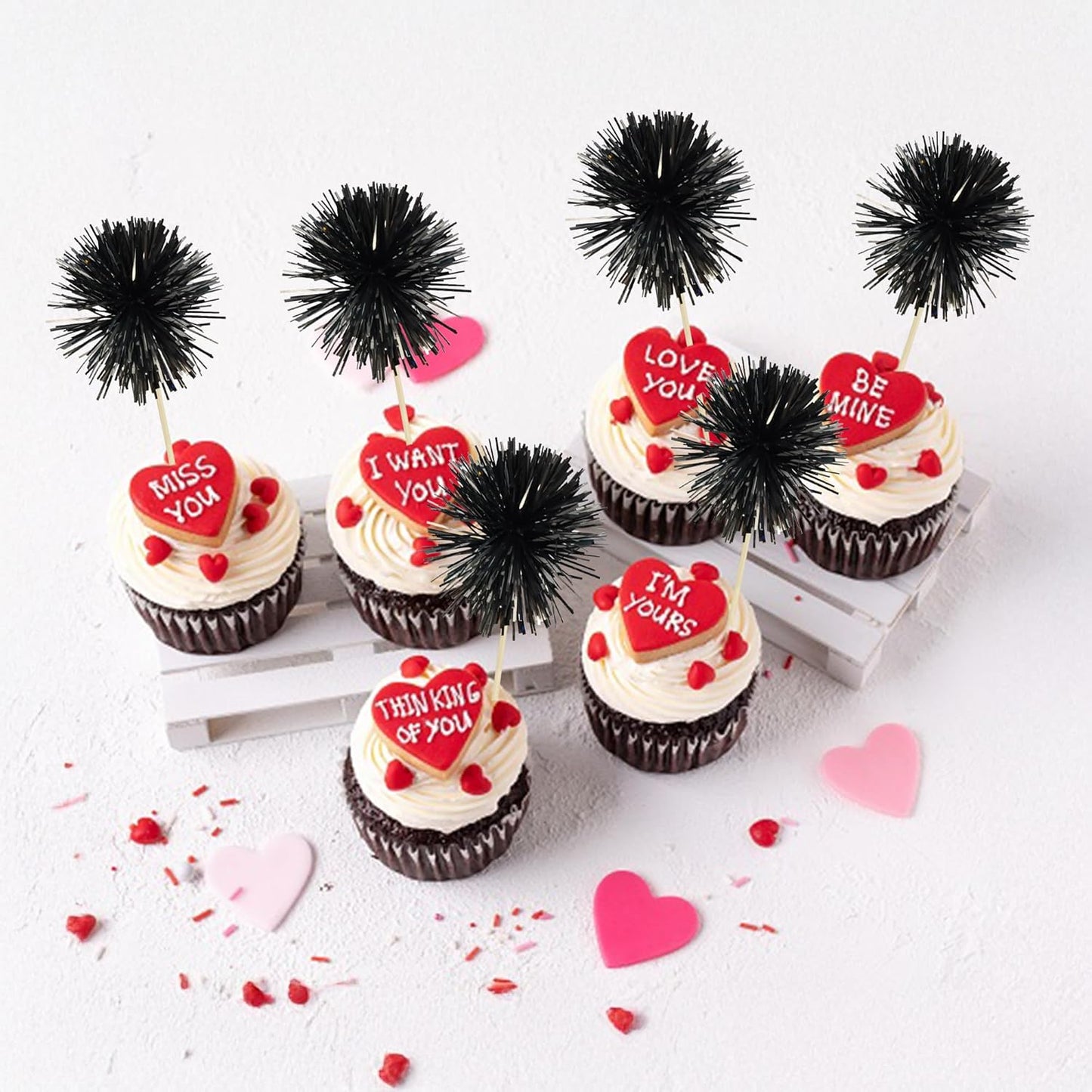 Ephlyn 30Pcs Foil Firework Cupcake Toppers Sparkle Tinsel Cupcake Picks Happy Birthday Cake Decorations Drink Stirrers Cocktail Food Fruit Toothpicks for Baby Shower Graduation Party Supplies Black