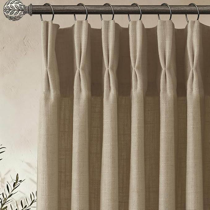 Pinch Pleated Linen Curtains 92 Inch, 2 Panels Premium 400GSM Memory Trained Semi Sheer Light Filtering Window Drapes for Living Room Bedroom Dining, Back Tab & Adjustable Hooks Rings, Grey Beige