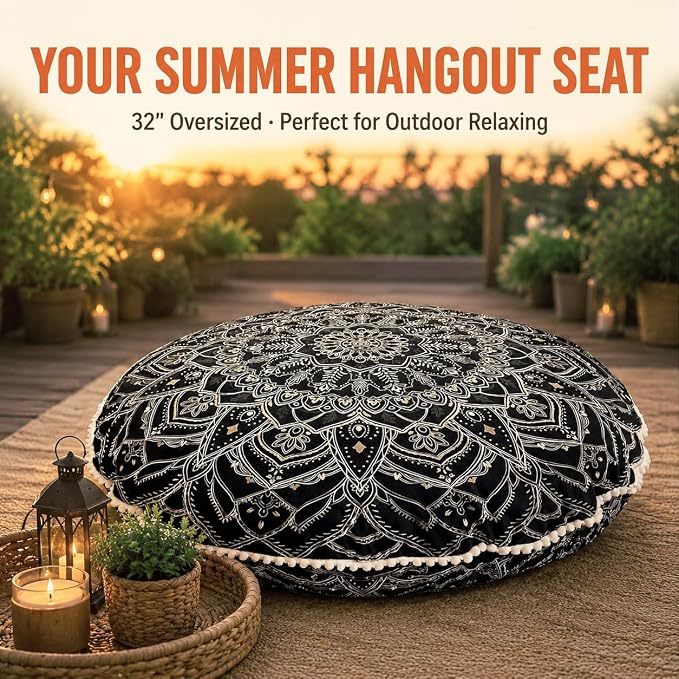 Codi Meditation Cushion for Adults - 32" Large Floor Pillow with Supportive Shredded Memory Foam - Round Zabuton with Washable Cover, Bohemian Mandala Seating for Yoga and Mindfulness, Black
