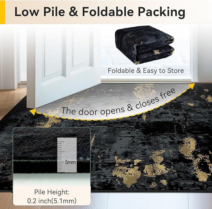 RELEANY Washable Area Rugs 4'x6' Non-Slip Modern Abstract Soft for Living Room Entryway Bedroom Nursery, Print Pattern, Dark Black Gold