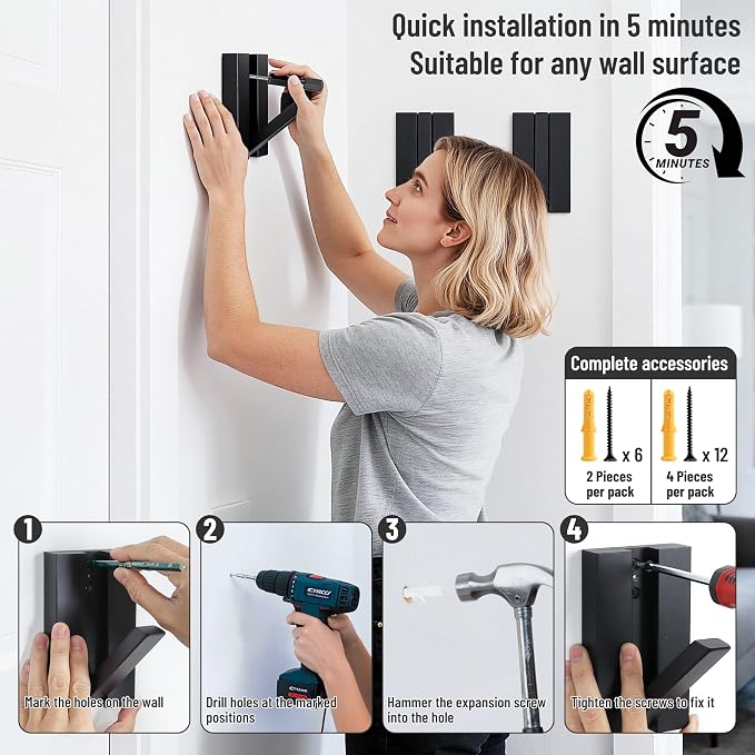 Folding Wall Hooks 2Pack: Black Modern Wooden Coat Hooks Mount for Heavy Duty Hanging Towels Backpack Bags Hats, Space Saving Minimalist Decorative Entryway Hanger for Aesthetic Homeowner