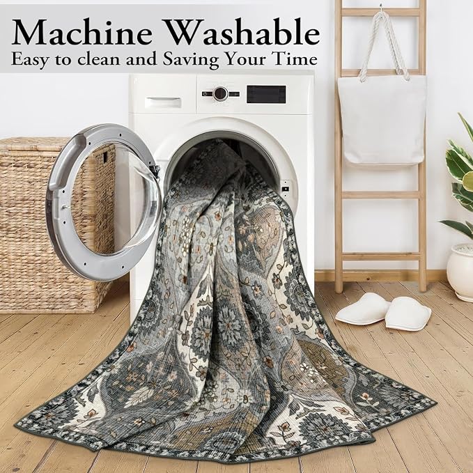 Lahome Moroccan Washable Area Rug 6x9, Ultra-Thin Large Living Room Rugs for Bedroom, Oriental Trellis Distressed Non Shedding Throw Carpet for Dining Room Office Elise, Grey