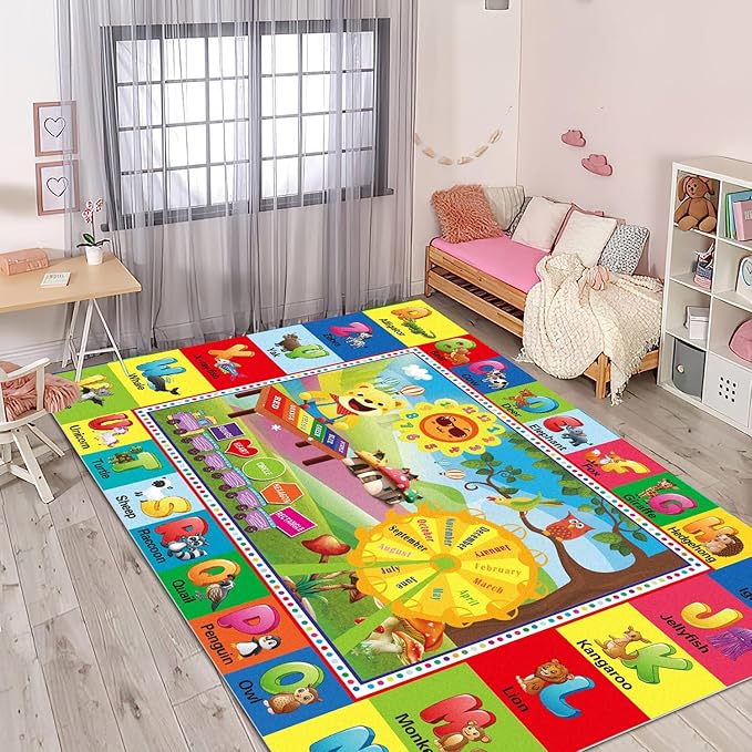 yongjoy ABC Rug, ABC Play Mat for Kids Playroom, Alphabet Floor Mat,Classroom Elementary Preschool Rugs wtih ABC, Numbers, Animals - (78.7x59 Inches)