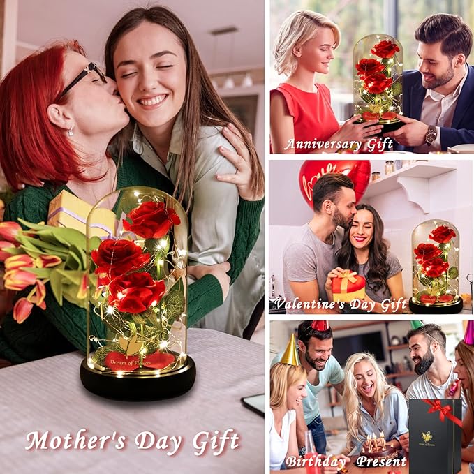 Dream of Flowers Mother Day Enchanted Red Gifts for Mom,Beauty and The Beast Rose in Glass Dome,Anniversary Rose Gifts for Wife,Birthday Gifts for Women,Romantic Red Silk Rose Flower Gifts for Women