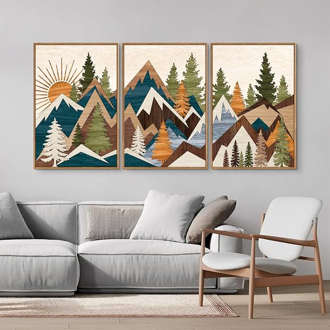 Tinonedraw Large Mountain Framed Canvas Wall Art, Boho Rustic Sunrise Forest Wall Decor, Vintage Woodsy Nature Art Painting, Modern Wilderness Trees Art Print for Living Room Bedroom Office 24"x36"x3