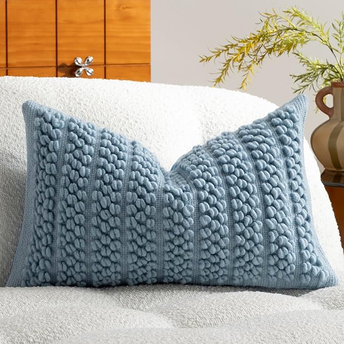 DEZENE Wool Boucle Lumbar Pillow Cover Premium Chic Accents Rectangular Textured Decorative Throw Pillow Case for Living Room Couch Sofa Home Decor 12"x20" Blue