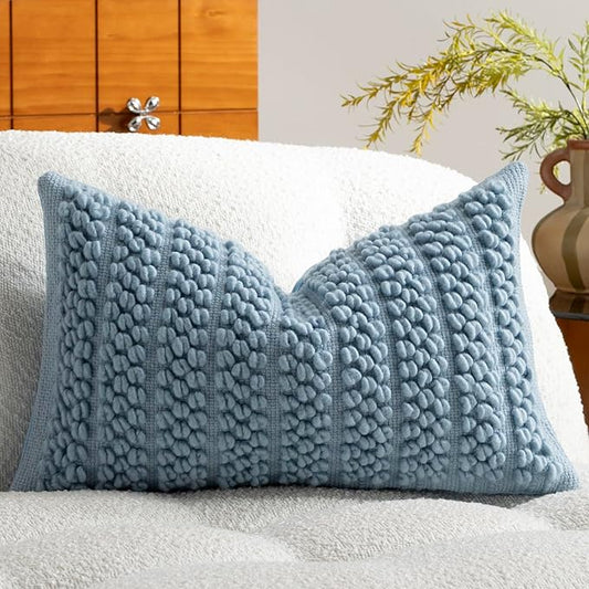 DEZENE Wool Boucle Lumbar Pillow Cover Premium Chic Accents Rectangular Textured Decorative Throw Pillow Case for Living Room Couch Sofa Home Decor 12"x20" Blue