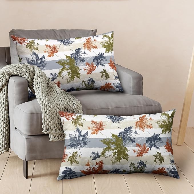 Thanksgiving Colorful Maple Leaves Lumbar Pillow Covers 12x20 Set of 2 Fall Rectangular Pillow Covers Blue Beige White Stripes Pillowcase Autumn Throw Pillow Covers for Patio Indoor Couch