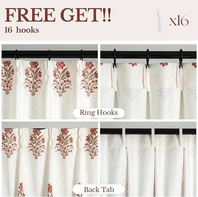 Pinch Pleated Curtains for Living Room: Light Filtering Floral Curtains 95" White Brown Linen Blend Drapes for Bedroom Dining Room Nursery, OEKO‑TEX Certified, Easy Care, 2 Panels Set, 40"x95"