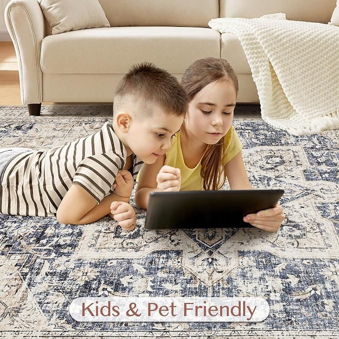Tortania 8' Square Area Rug Living Room Rugs - Washable Boho Rug Vintage Oriental Distressed Farmhouse Large Thin Indoor Carpet for Bedroom Under Dining Table Home Office - Cream/Blue