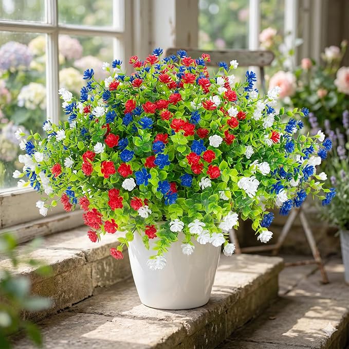 Hananona Artificial Flowers Outdoor, Faux Artificial Plants UV Resistant Plastic Flower Bulk for Hanging Planter Porch Window Home Wedding Fall Summer Decor (24, Red, White, Blue)