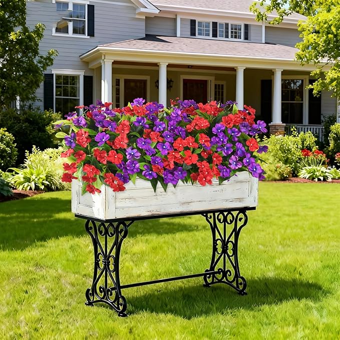 Artificial Impatiens Flowers for Outdoors, 6 Bundles Silk Fake Flowers for Spring Summer Decoration, UV Resistant Faux Plants Plastic Bouquet for Home Planter Porch Patio Yard Decor(Red Purple)