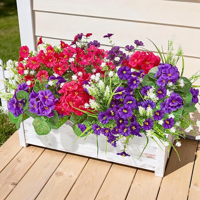 16 Bundles Artificial Flowers for Outdoors, UV Resistant Silk Faux Flowers for Outside Planters,Garden,Porch,Patio,Yard,Home Decor(Purple&Hot Pink)