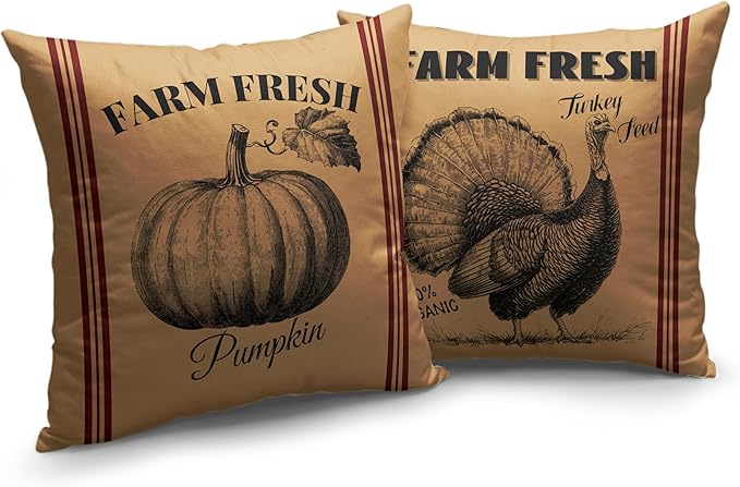 Fall Pillow Covers 16x16 Set of 2 Vintage Farmhouse Throw Pillow Covers Retro Farm Fresh Turkey Pumpkin Pillowcase Thanksgiving Cushion Case for Home Decor Couch Sofa