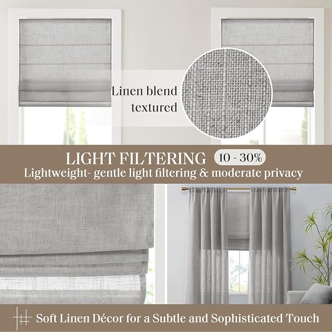 Madison Park Kyler Cordless Roman Shades - Single Panel, Lightweight Linen Blend Fabric, Natural Design, Easy Installation, Light Filtering Window Blind, Bedroom, Living Room Decor 29" W x 64" H Grey