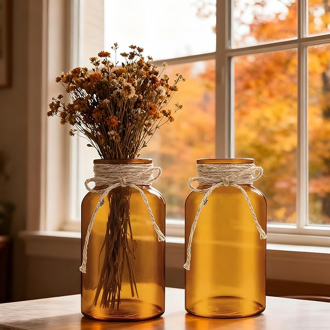 Vintage Glass Flower Vase, Farmhouse Glass Centerpiece Vases Mason Jars for Weddings, Parties & Home Decor Bulk (6, Amber)