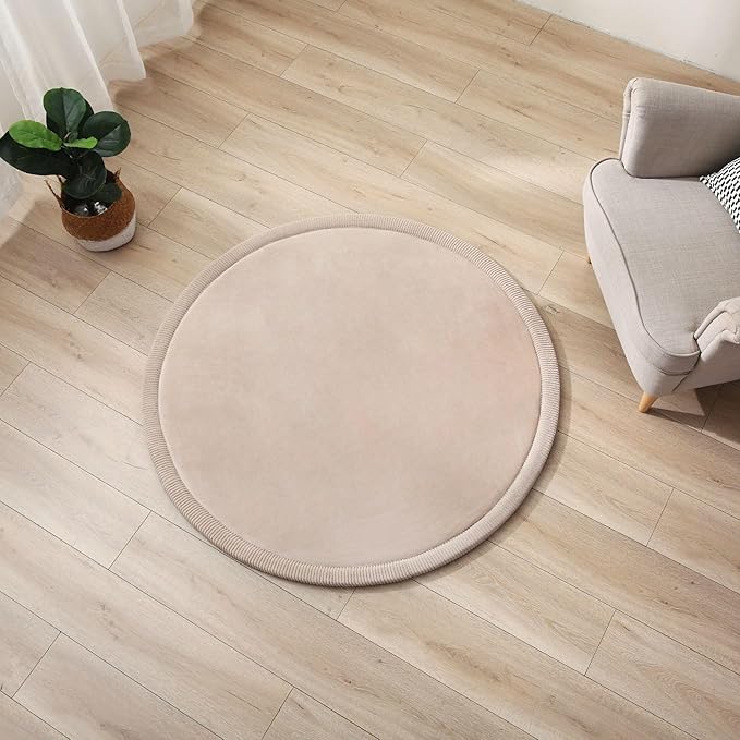 Hakuna Matte CloudSoft Baby Play Mat for Floor Ø 47" Beige – Coral Velvet Memory Foam Rug for Crawling & Cozy Play – Non-Slip, Water-Resistant, Easy-CareTummy Time Mat, Playmat for Playpen