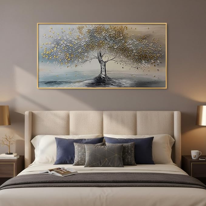 Large Gold Framed Tree of Life Wall Art for Living Room, Modern Abstract Blue Golden Tree Canvas Painting Prints, Luxury Artwork for Bedroom Hallway Kitchen Dining Room Office Wall Decor, 60x30 Inch