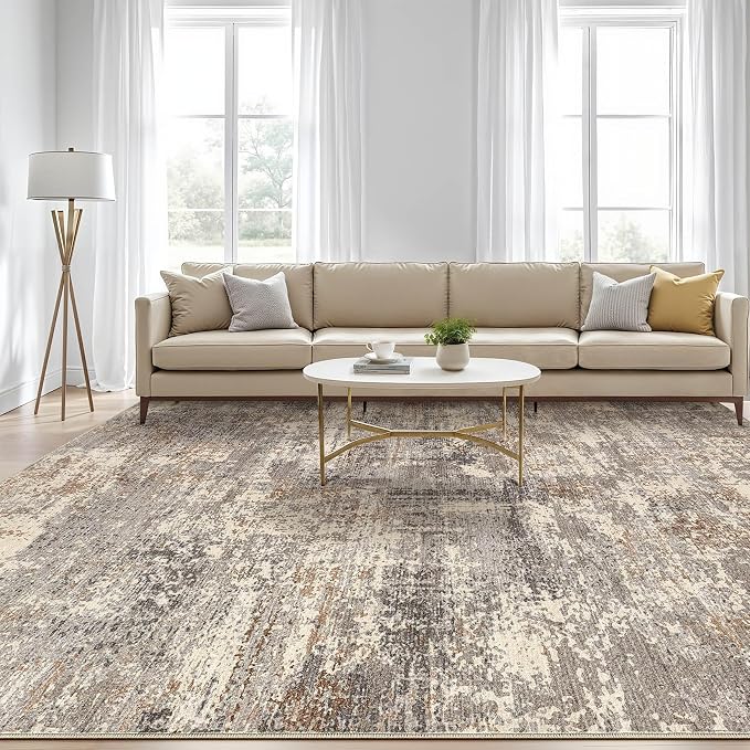 10x12 Area Rug Living Room: Washable Large Abstract Neutral Modern Soft Rug Stain Resistant Indoor Floor Non-Slip Accent Carpet for Bedroom Nursery Playroom Dining Room Office Home- Sand Brown Black