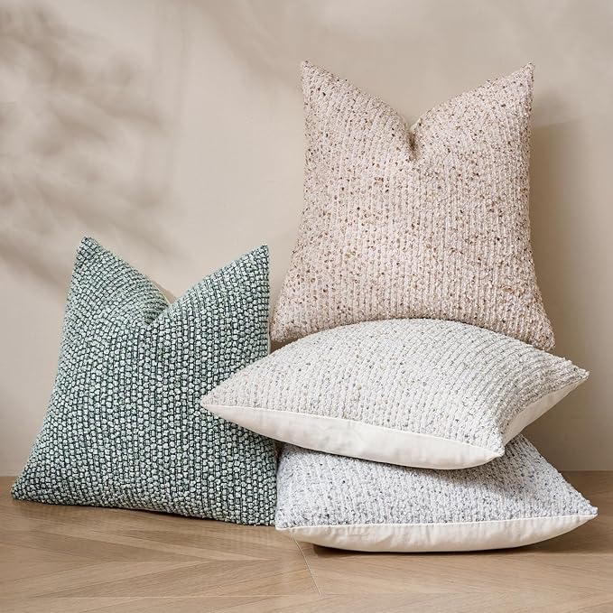 DEZENE Striped Euro Sham Pillow Covers 26x26 Set of 2 Green Textured Boucle Chic Morden Boho Accent Farmhouse Square Decorative Couch Throw Pillow Covers for Home Decor Bed Sofa Living Room