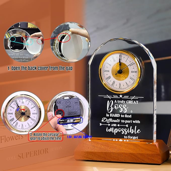 Ornalrist Boss Crystal Clock Gifts for Women, Men with Wooden LED Light Base, Boss Appreciation Gift Idea for Leader's Day, Desk Office Home Decor