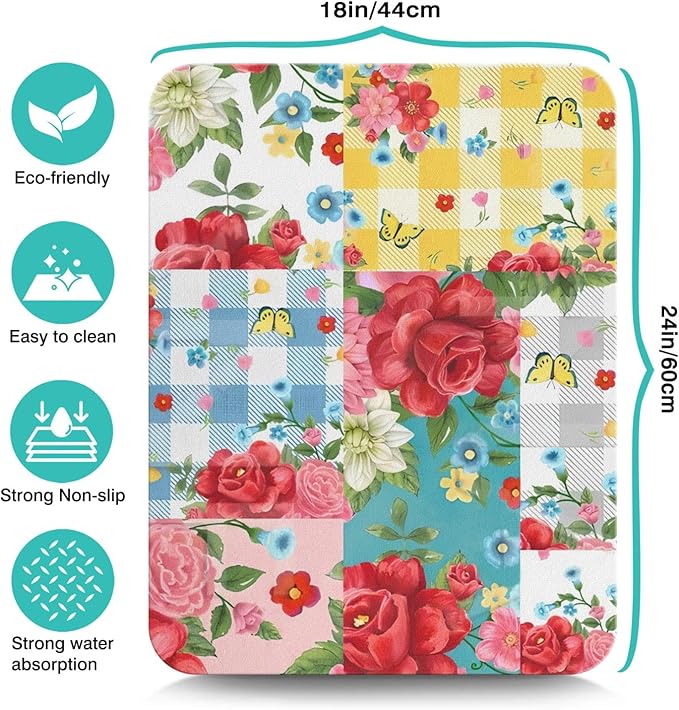 Coffee Bar Super Absorbent Anti-Slip Dish Drying Mats for Countertop - Silicone Flower Decor Fit Coffee Maker & Espresso Machine - 24inx18in