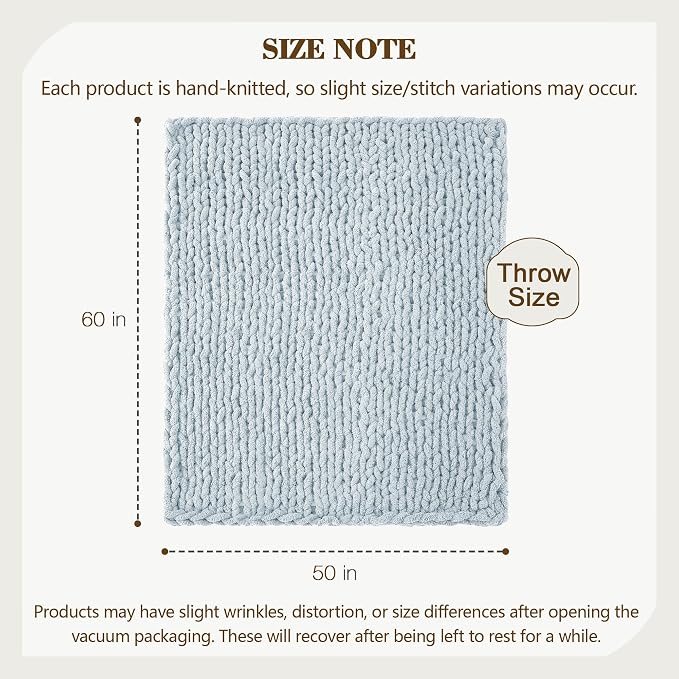 Carriediosa Chunky Knit Throw Blanket 50" X 60", 100% Hand Made Large Chenille Loop Yarn Soft Fluffy Throws for Couch Sofa Bed, Big Crochet Cozy Heavy Thick Cable Woven Blanket, Light Blue