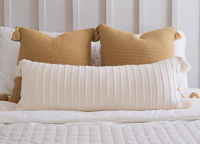100% Soft Cotton Raised Stripes Textured Rib Knit Lumbar Throw Pillow Cover with Tassels (Butter Cream, 14" x 36")