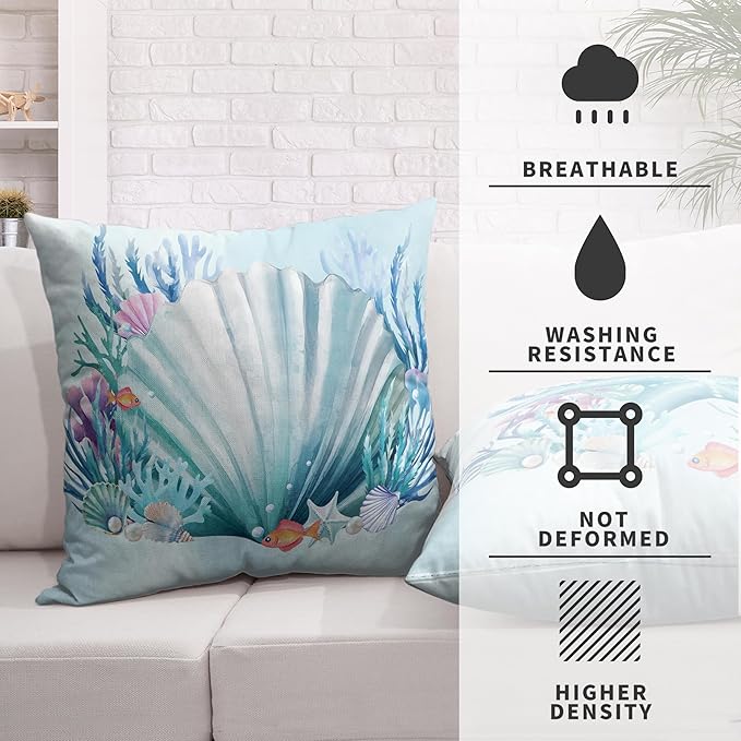 Ocean Themed Coastal Pillow Covers Seashells Starfish Throw Pillow Covers 24x24 Set of 2 Blue Seaweed Coral Pillowcase Double Sided Printing Cushion Case for Patio Outdoor Sofa