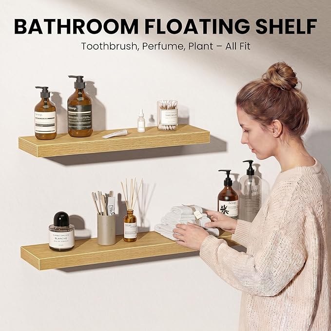 Fun Memories Floating Shelves for Wall, 24 Inch Set of 2 Rustic Wood Wall Shelves with Invisible Brackets, Heavy Duty Storage Display for Living Room Bedroom Kitchen, Oak