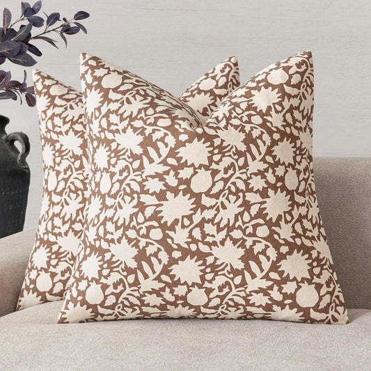 Foindtower Set of 2 Decorative Neutral Floral Throw Pillow Covers Accent Farmhouse Cushion Covers Boho Pillowcase for Couch Sofa Bedroom Living Room Home Decor Outdoor,24×24 Inch,Light Orange Brown