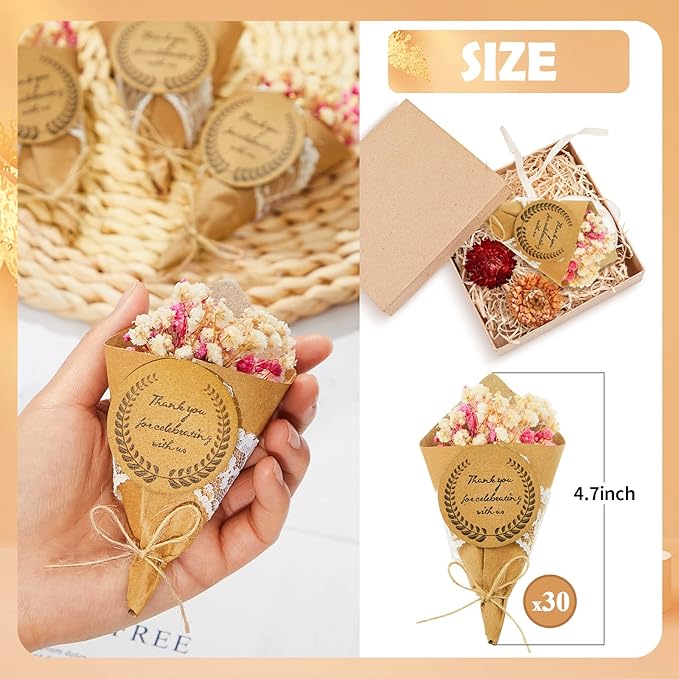 30 Pcs Mini Dried Flower Bouquet Magnet Bulk Wedding Baby Shower Flower Party Favors for Guests Natural Dried Flowers Bundle Mother's Day Graduation Home Decoration DIY Crafts Gifts