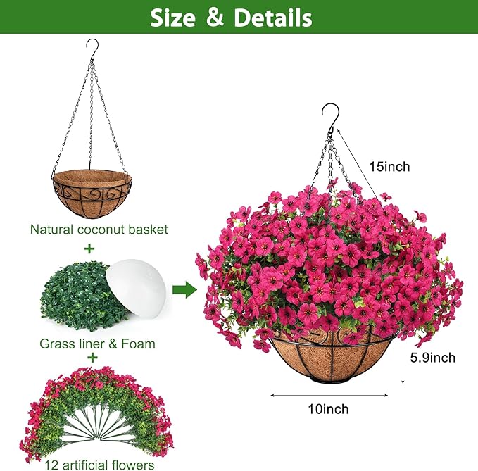 Ouddy Decor Artificial Hanging Flowers with Basket, Fake Hanging Plants with Faux Silk Flowers UV Resistant for Outdoors Indoors Spring Summer Porch Patio Balcony Yard Home Decorations, Fuchsia