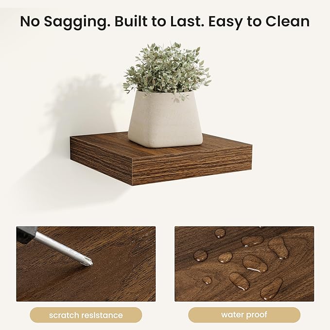 Fun Memories Rustic Wood Floating Shelves for Wall, Space-Saving Wall Mounted Shelves for Bathroom, Bedroom, Living Room and Kitchen, Stylish Storage & Display (Set of 4, Walnut, 8 in)