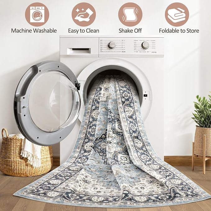 Runner Rug Kitchen Washable Rugs: 3x8 Non-Slip Boho Vintage Distressed Stain Resistant Indoor Neutral Farmhouse Throw Carpet for Hallway Bathroom Laundry Room Entryway Bedroom- Blue Tan