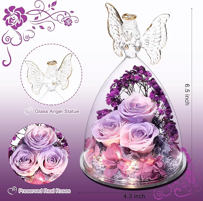 Mothers Day Rose Gifts for Women Preserved Real Flower in Glass Angel Figurines Roses for Delivery Prime Birthday Gifts for Mom Grandma Girlfriend Wife Her, Pinkpurpurple