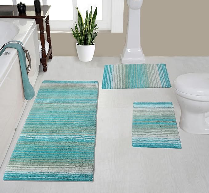 Home Weavers 100% Cotton Gradiation Collection Bathroom Décor, Washable Rug, Bathroom Mat, Kitchen Mat, Bathroom Rug Set, Bath Mat Set, Bath Floor Mat Non Slip, 3 Piece Set with Runner, Turquoise