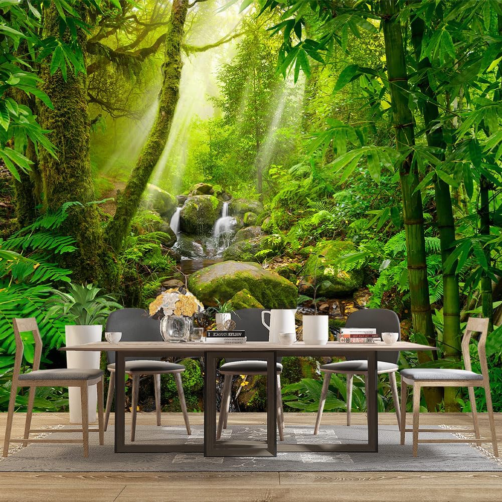 Green Forest Tropical Rainforest wallpeper Living Room Bedroom Nature Jungle Landscape Office Woodland Scenery Tree Wall Mural - 91"x65"（Not Peel and Stick）