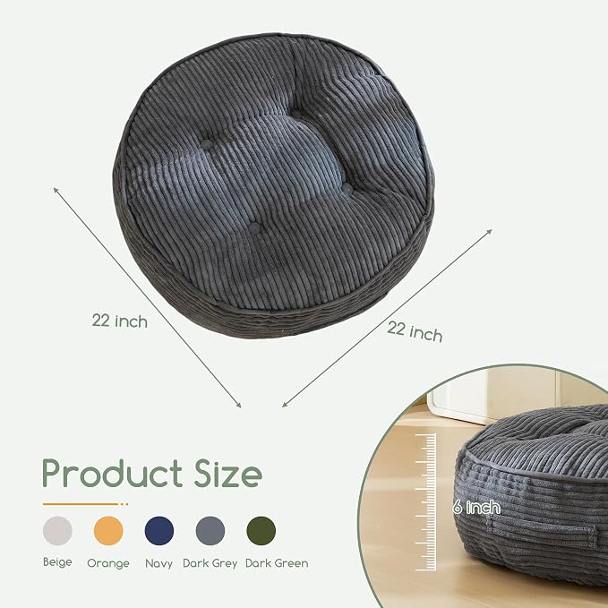 HIGOGOGO 6" Extra Thick Floor Pillow Cushion for Adults, Meditation Cushion Pillow, Large Round Floor Sitting, Tufted Corduroy Cover, for Tatami Living Room or Yoga, 22x22 Inch, 2Pack, Dark Grey