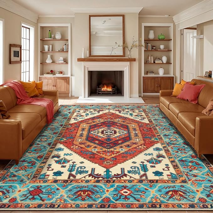 SERISSA Washable Rugs 9x12 Area Rugs, Large Non-Slip Boho Living Room Rug, Ultra Soft Vintage Orange Print Distressed Oriental Farmhouse Carpet for Dining Room Bedroom Dorm Office Home Decor