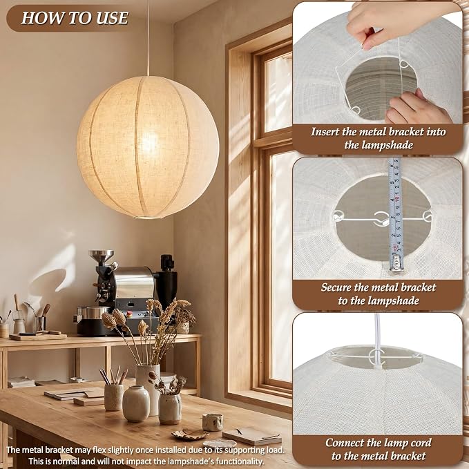 Nuanchu 2 Pack Linen Lantern Lamp Plug in Pendant Light 20 Inch Hanging Lamp Shade with 20 ft Cord Minimalist Light Covers Japanese Chandelier for Ceiling Dining Living Room Artistic Decor(Round)