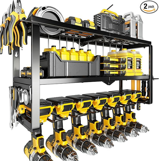 Hipidian Power Tool Organizer Wall Mount - Storage Rack with 4 Drill Holders for Drills Cordless Tools. Heavy Duty Iron Garage Tool Organizer Storage for Workshop Shed (7 Slots 3 Layers)